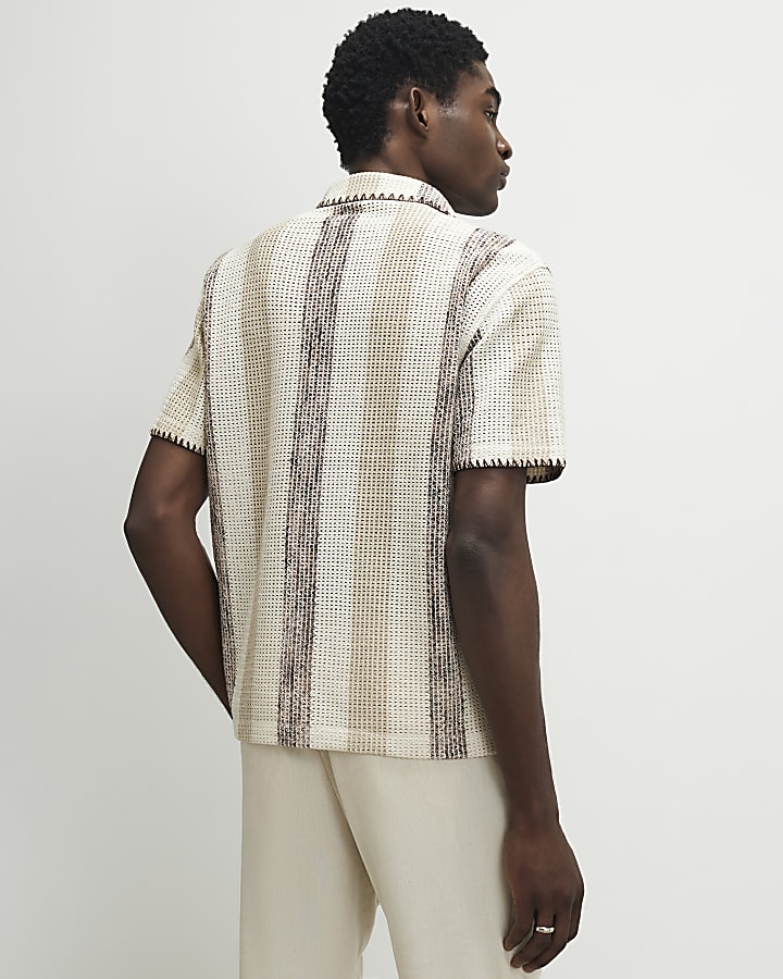 Beige Regular Fit Stripe Crochet Shirt