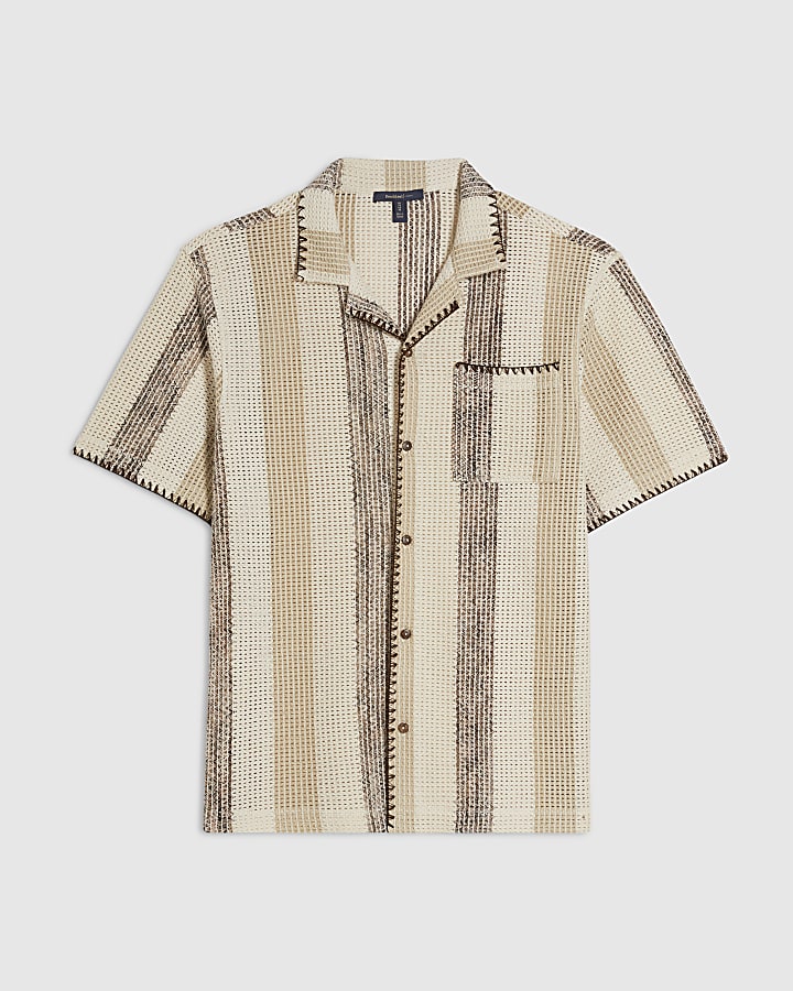 Beige Regular Fit Stripe Crochet Shirt