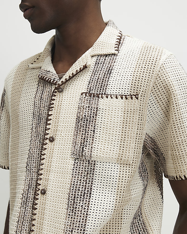 Beige Regular Fit Stripe Crochet Shirt