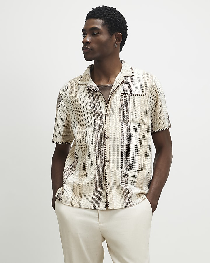 Beige Regular Fit Stripe Crochet Shirt