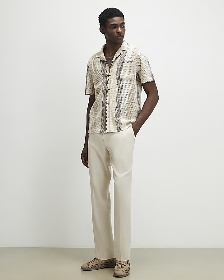 Beige Regular Fit Stripe Crochet Shirt
