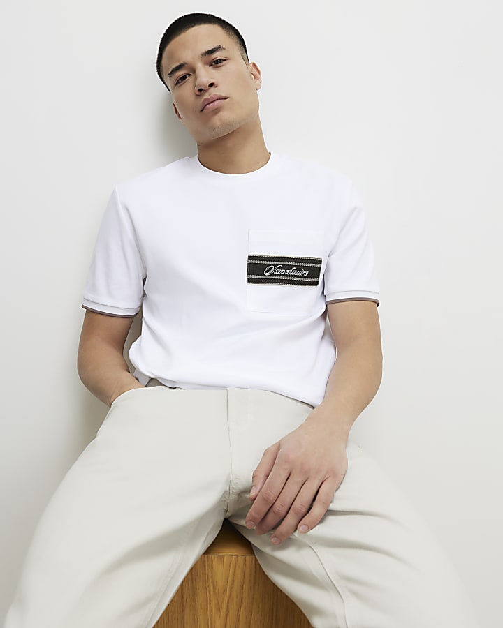 White Slim Fit Taped Pocket T-Shirt