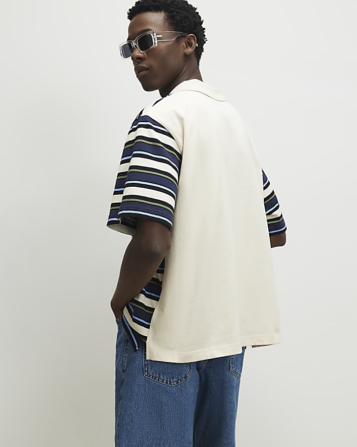 Navy Oversized Fit Stripe Polo Shirt