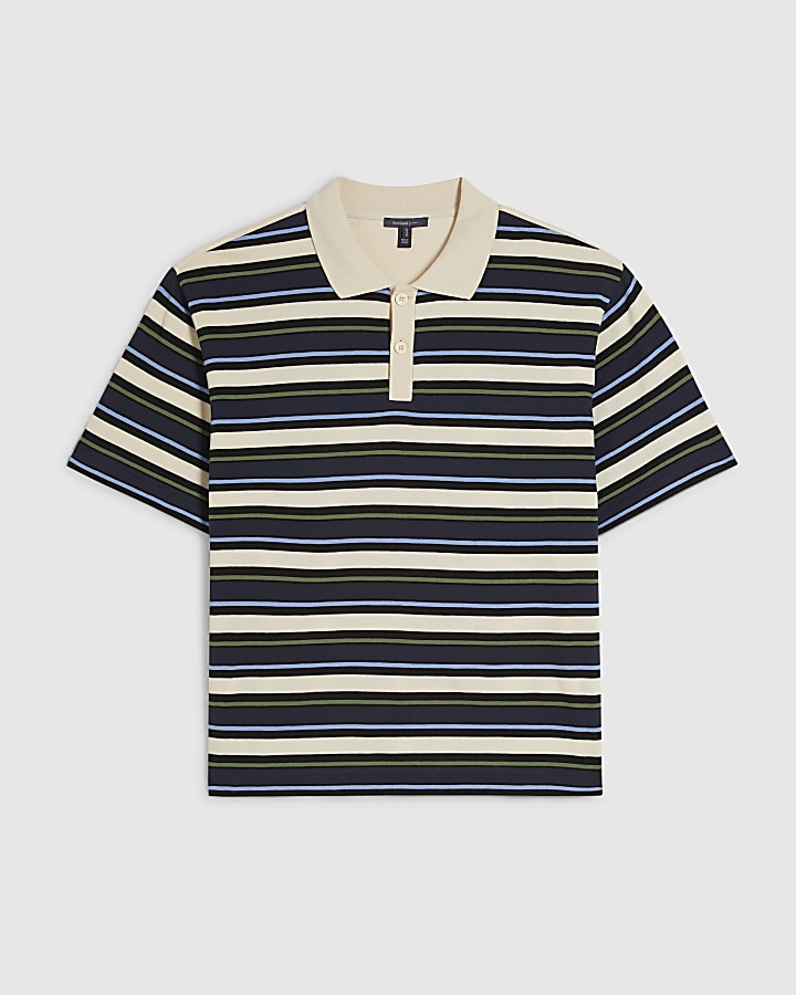 Navy Oversized Fit Stripe Polo Shirt
