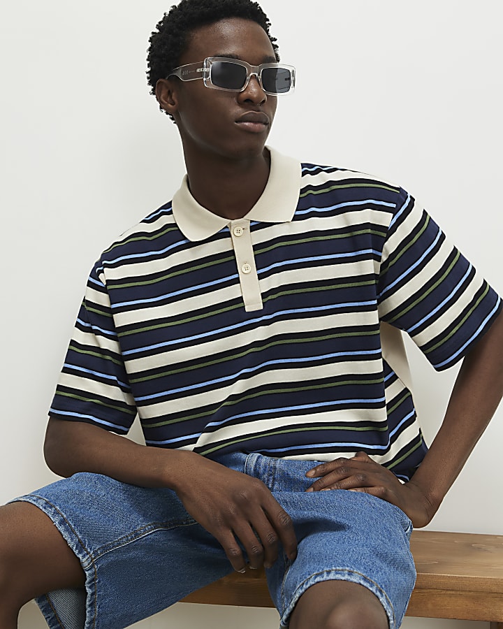 Navy Oversized Fit Stripe Polo Shirt