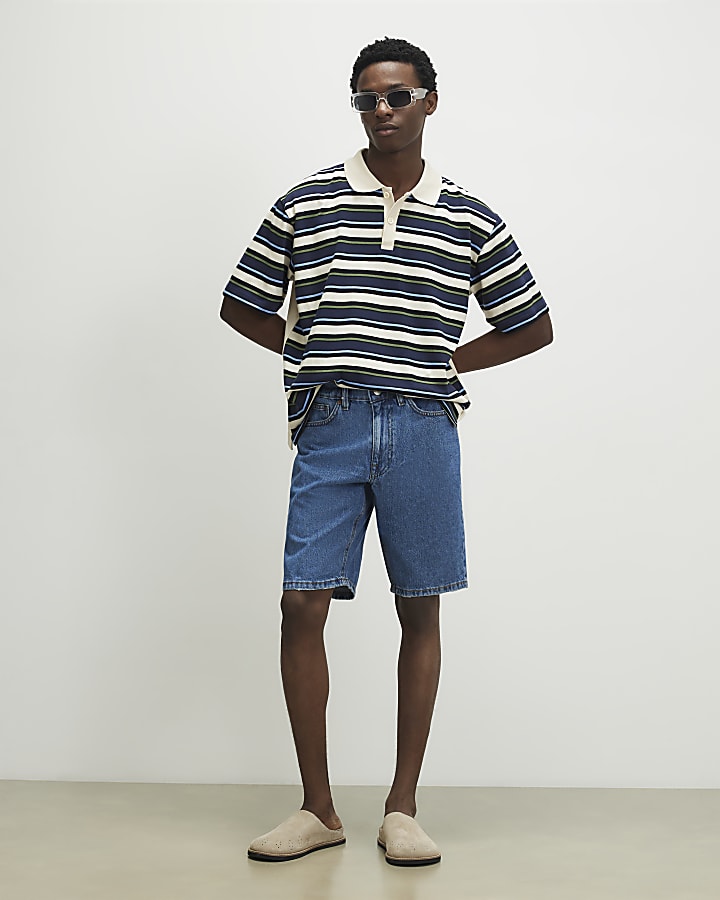 Navy Oversized Fit Stripe Polo Shirt