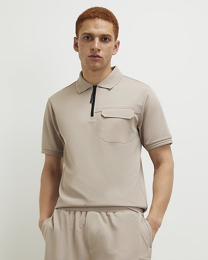 Cream Slim Fit Nylon Pocket Polo Shirt