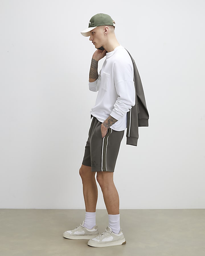 Khaki Regular Fit Monogram Taped Shorts