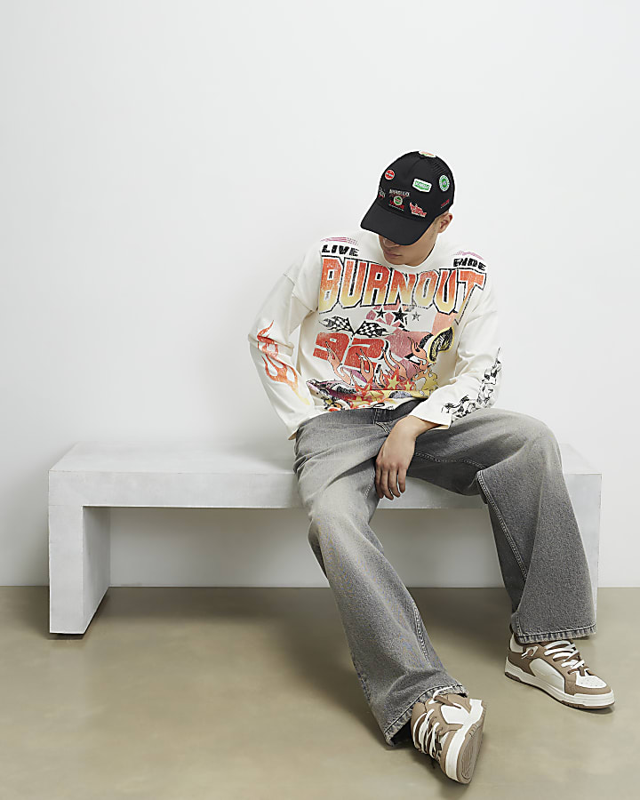 White Oversized Fit Burnout Car T-Shirt