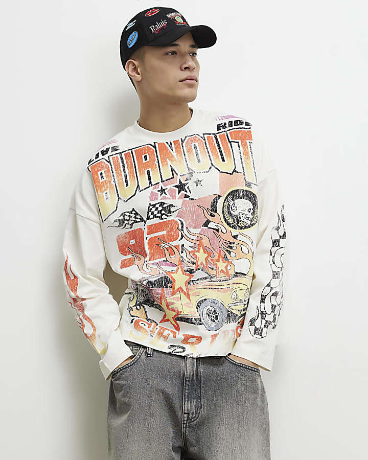 White Oversized Fit Burnout Car T-Shirt