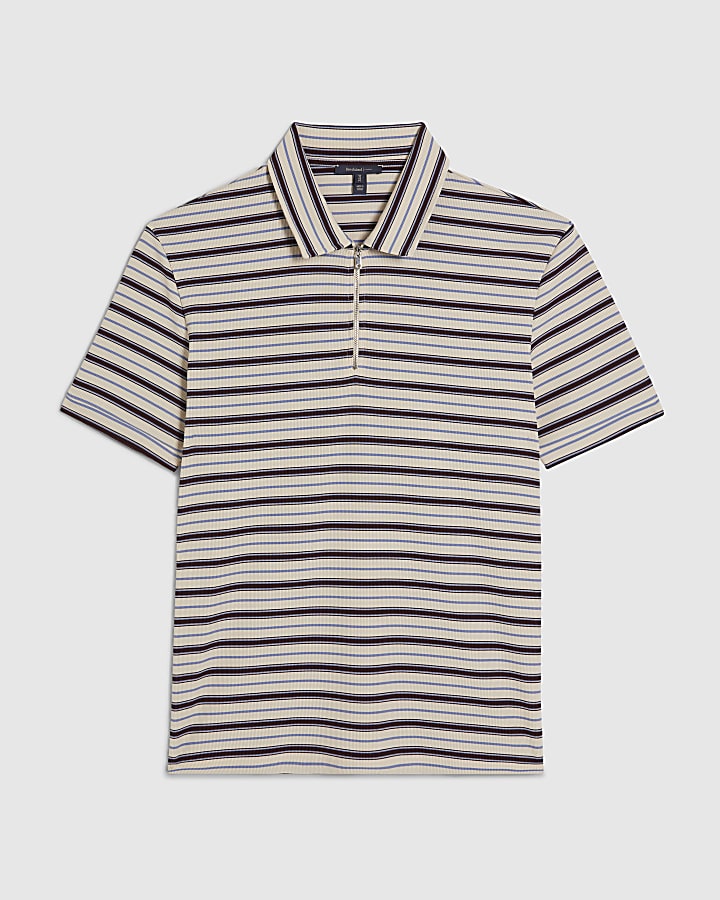White Slim Fit Stripe Zip Polo Shirt
