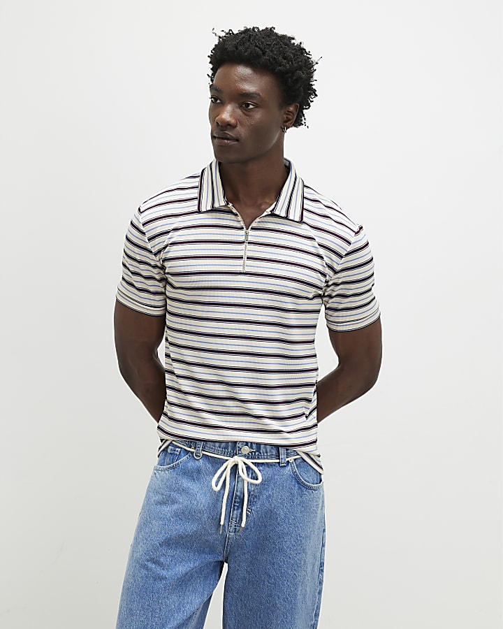 White Slim Fit Stripe Zip Polo Shirt