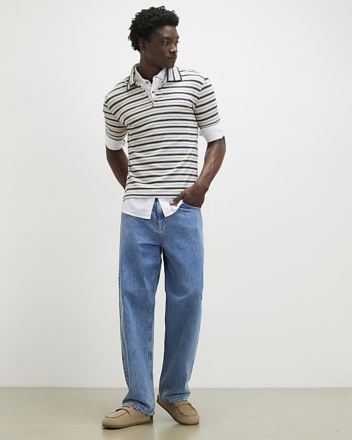 White Slim Fit Stripe Zip Polo Shirt