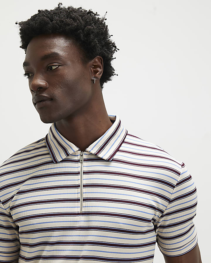 White Slim Fit Stripe Zip Polo Shirt