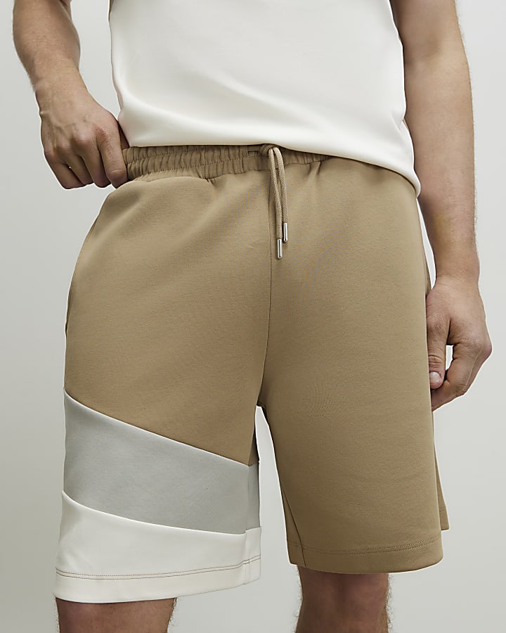 Beige Regular Fit Colour Block Shorts