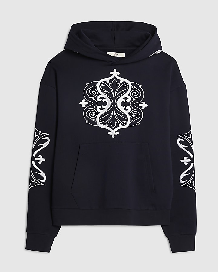 Navy Regular Fit Baroque Embroidered Hoodie