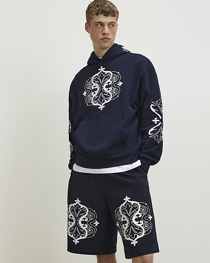Navy Regular Fit Baroque Embroidered Hoodie