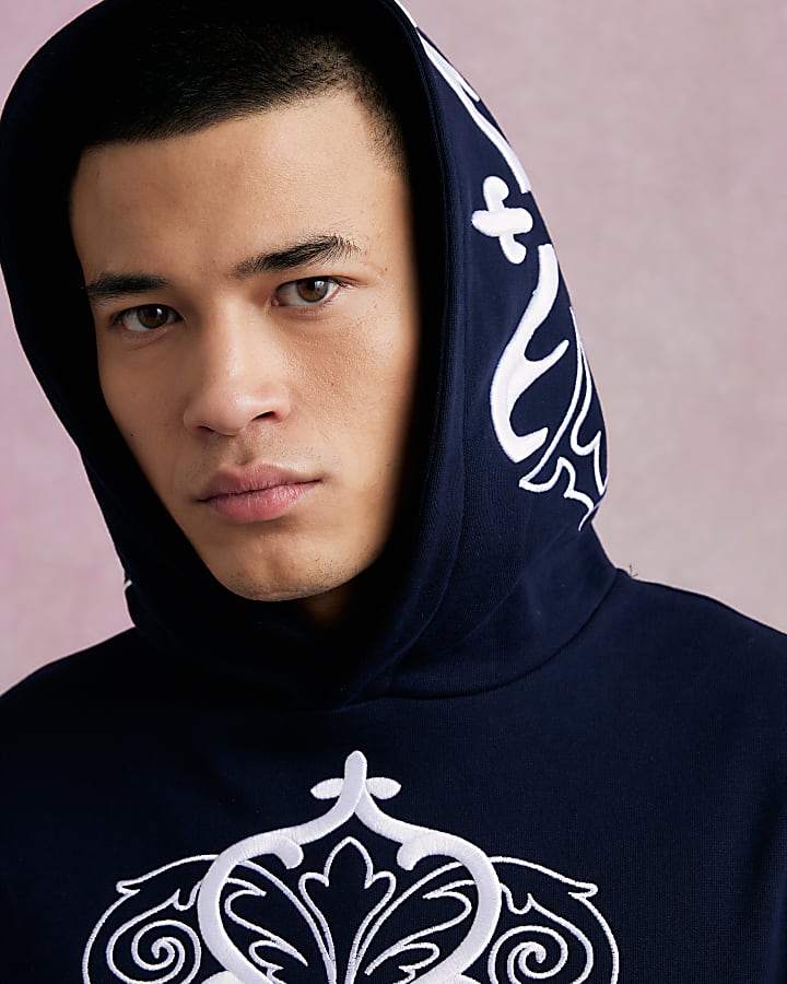 Navy Regular Fit Baroque Embroidered Hoodie