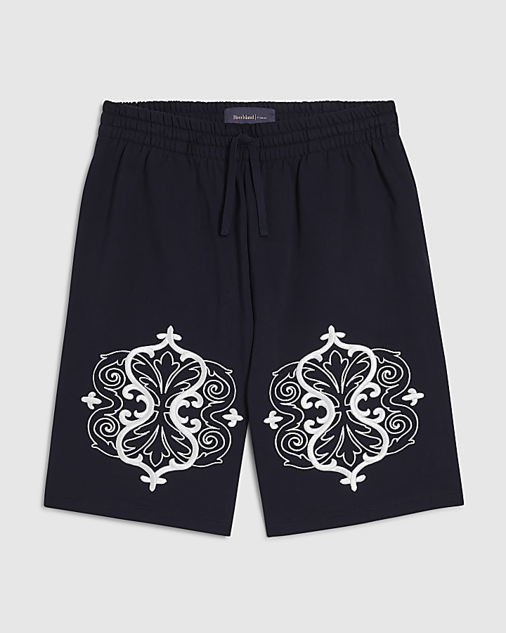 Navy Bermuda Baroque Embroidered Shorts