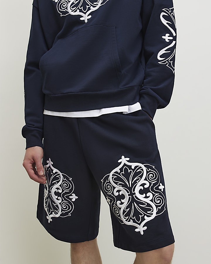 Navy Bermuda Baroque Embroidered Shorts