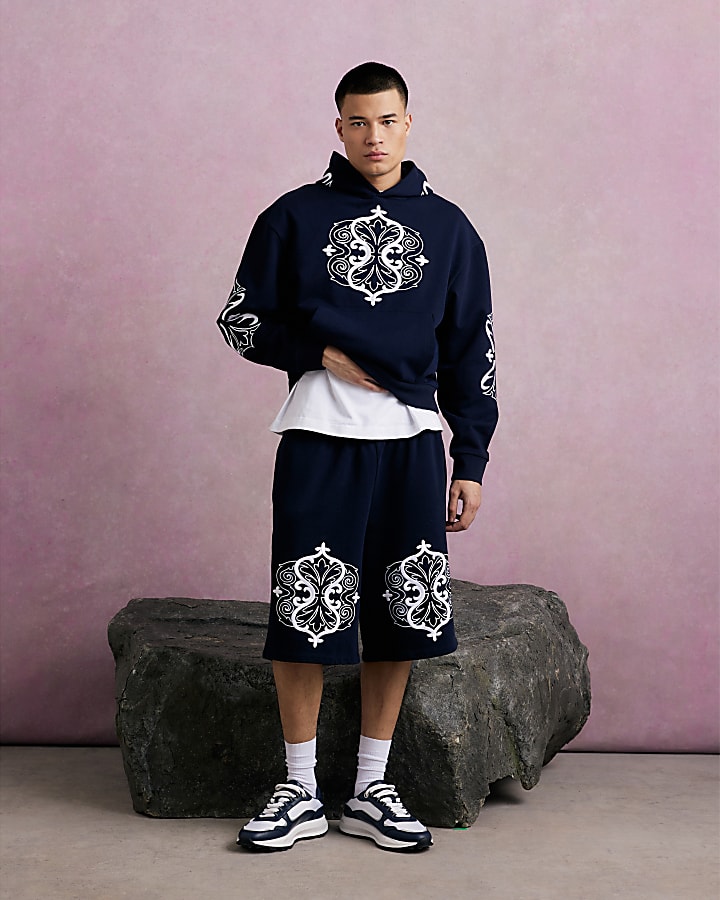 Navy Bermuda Baroque Embroidered Shorts