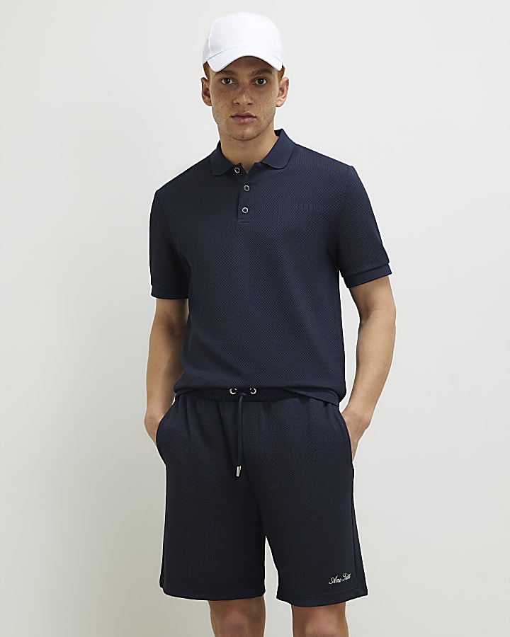 Navy Regular Fit Textured Shorts