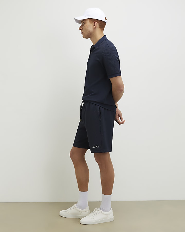 Navy Regular Fit Textured Shorts