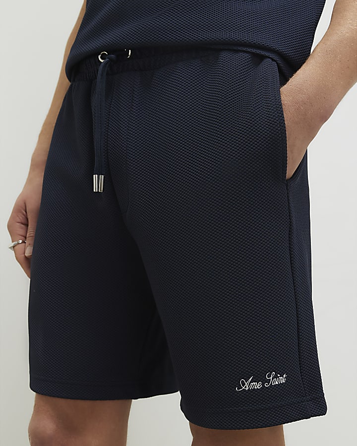 Navy Regular Fit Textured Shorts