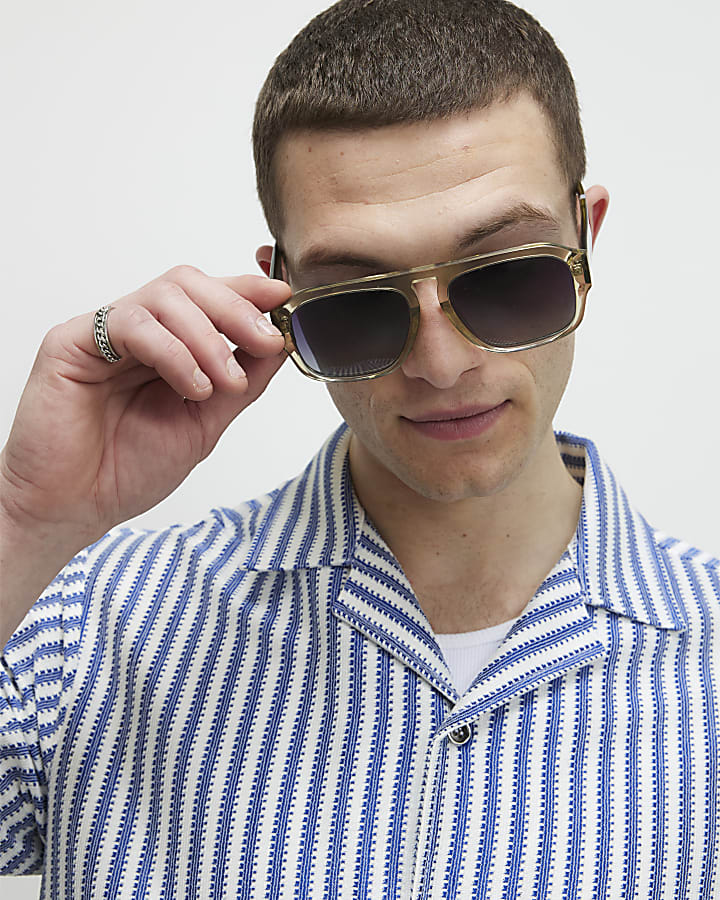 Blue Regular Fit Crochet Stripe Shirt