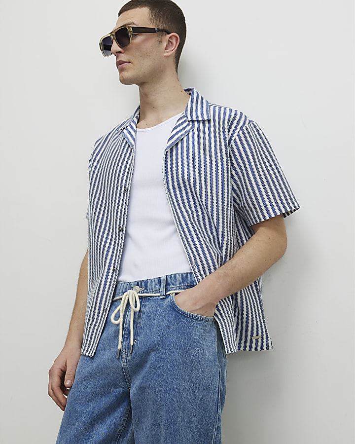 Blue Regular Fit Crochet Stripe Shirt