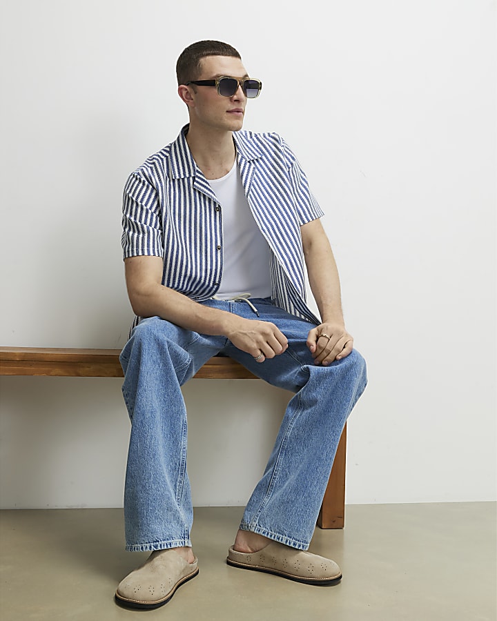 Blue Regular Fit Crochet Stripe Shirt