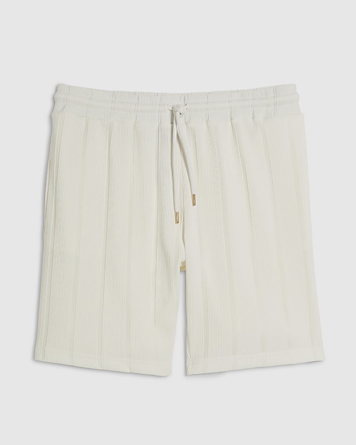 White Slim Fit Textured Stripe Shorts