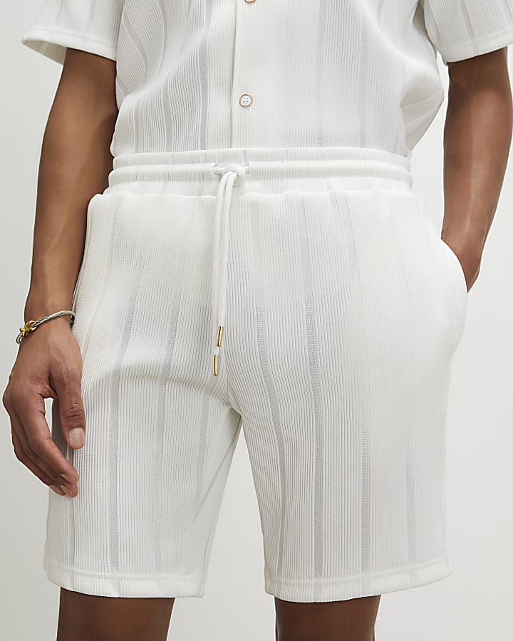 White Slim Fit Textured Stripe Shorts