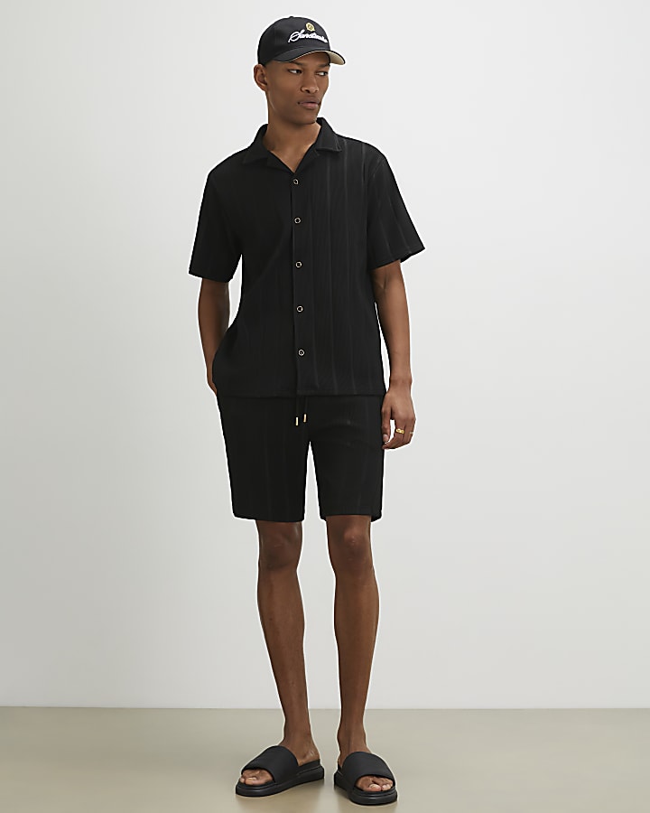 Black Slim Fit Textured Stripe Shorts