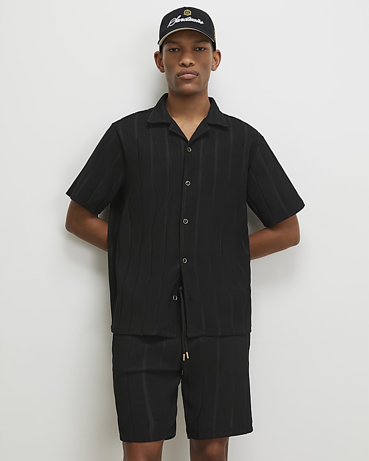Black Slim Fit Textured Stripe Shorts