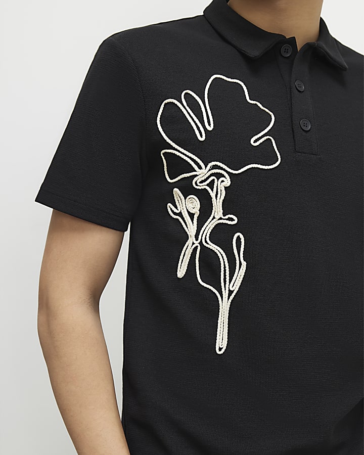 Black Slim Fit Rope Floral Polo Shirt