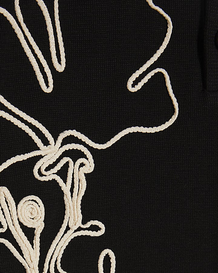 Black Slim Fit Rope Floral Polo Shirt