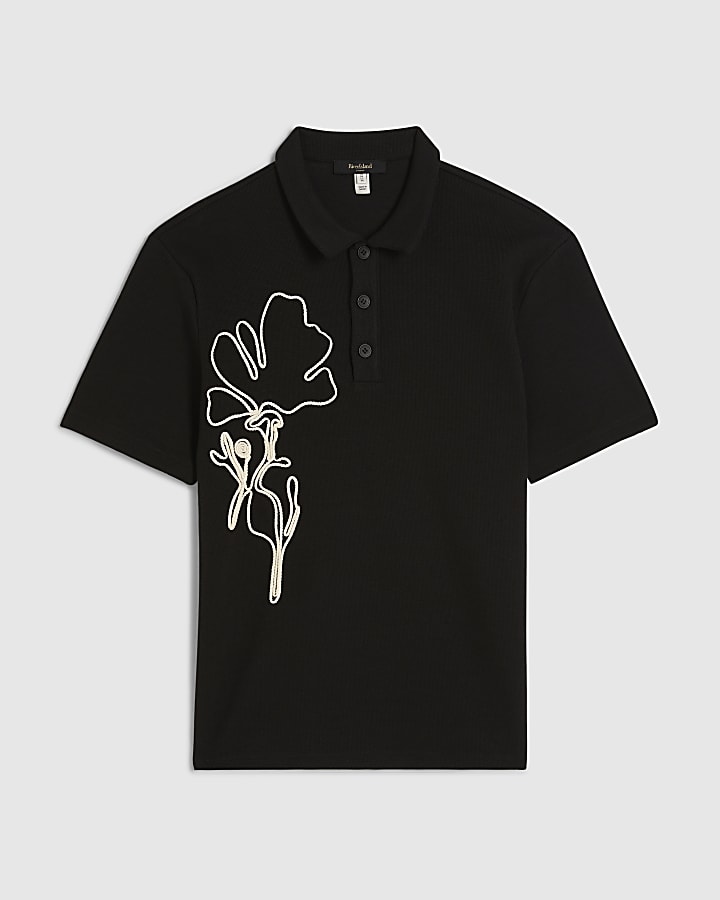 Black Slim Fit Rope Floral Polo Shirt