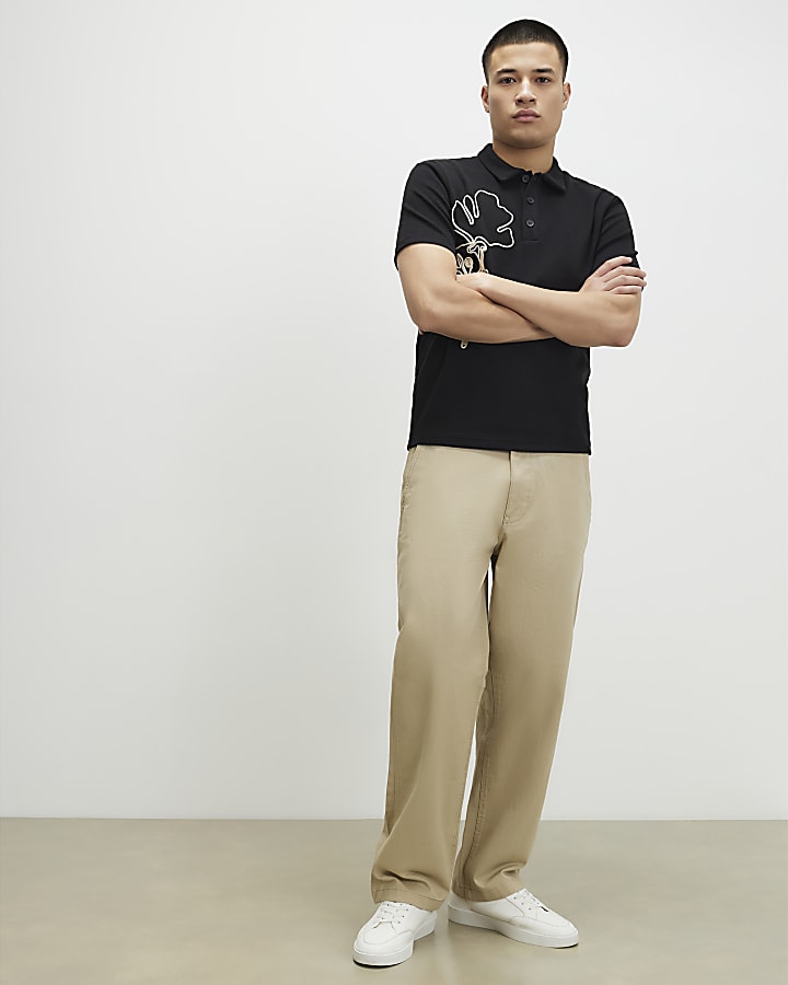 Black Slim Fit Rope Floral Polo Shirt