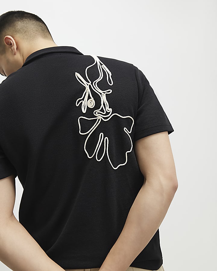 Black Slim Fit Rope Floral Polo Shirt