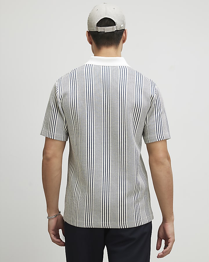 Blue Slim Fit Stripe Open Neck Polo Shirt