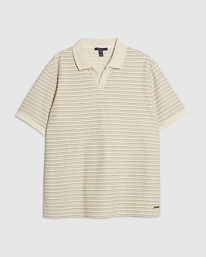 Cream Slim Fit Crochet Open Neck Polo Shirt