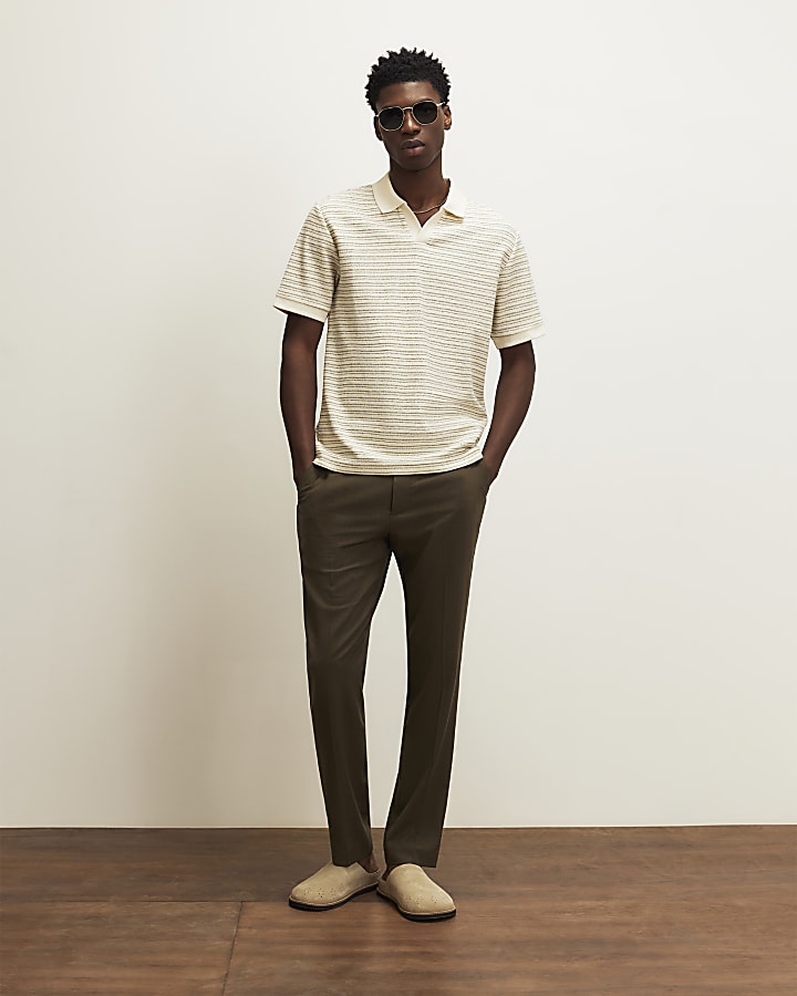 Cream Slim Fit Crochet Open Neck Polo Shirt