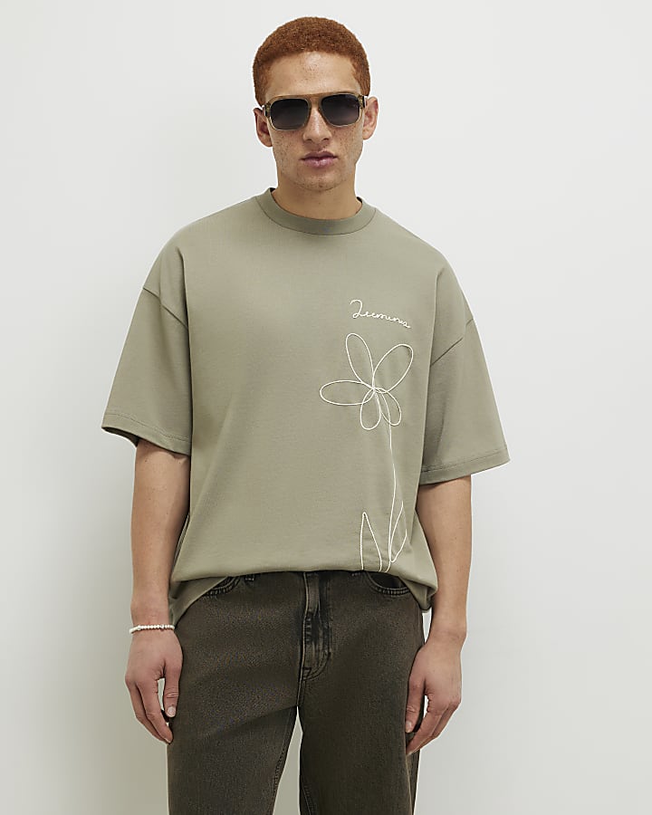 Green Oversized Fit Floral Roping T-Shirt