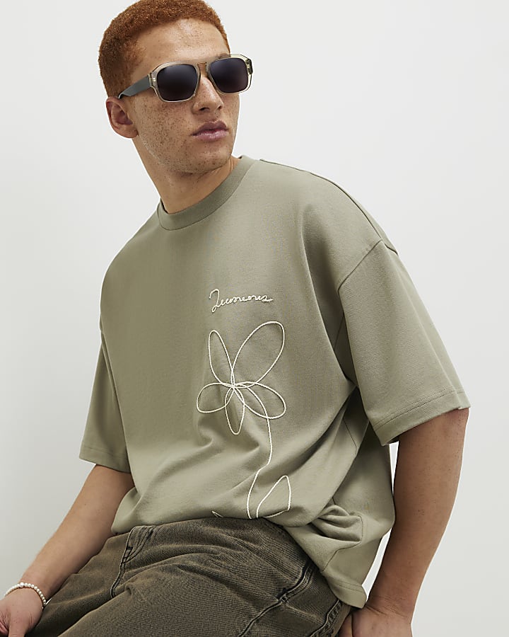 Green Oversized Fit Floral Roping T-Shirt