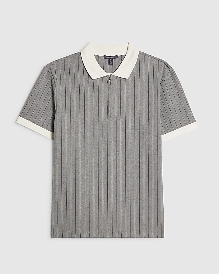 Grey Slim Fit Pinstripe Polo Shirt