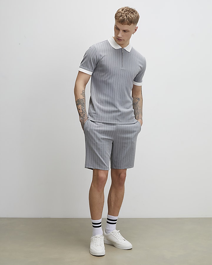 Grey Slim Fit Pinstripe Polo Shirt