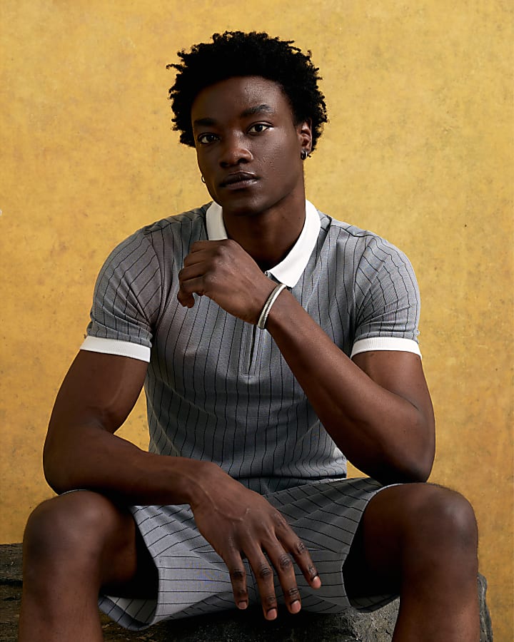 Grey Slim Fit Pinstripe Polo Shirt