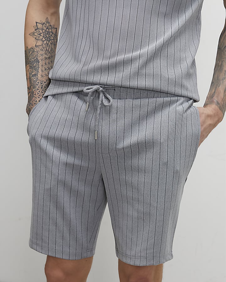 Grey Slim Fit Pinstripe Shorts