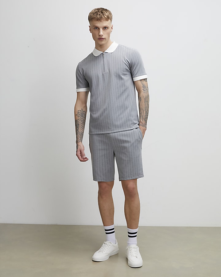 Grey Slim Fit Pinstripe Shorts